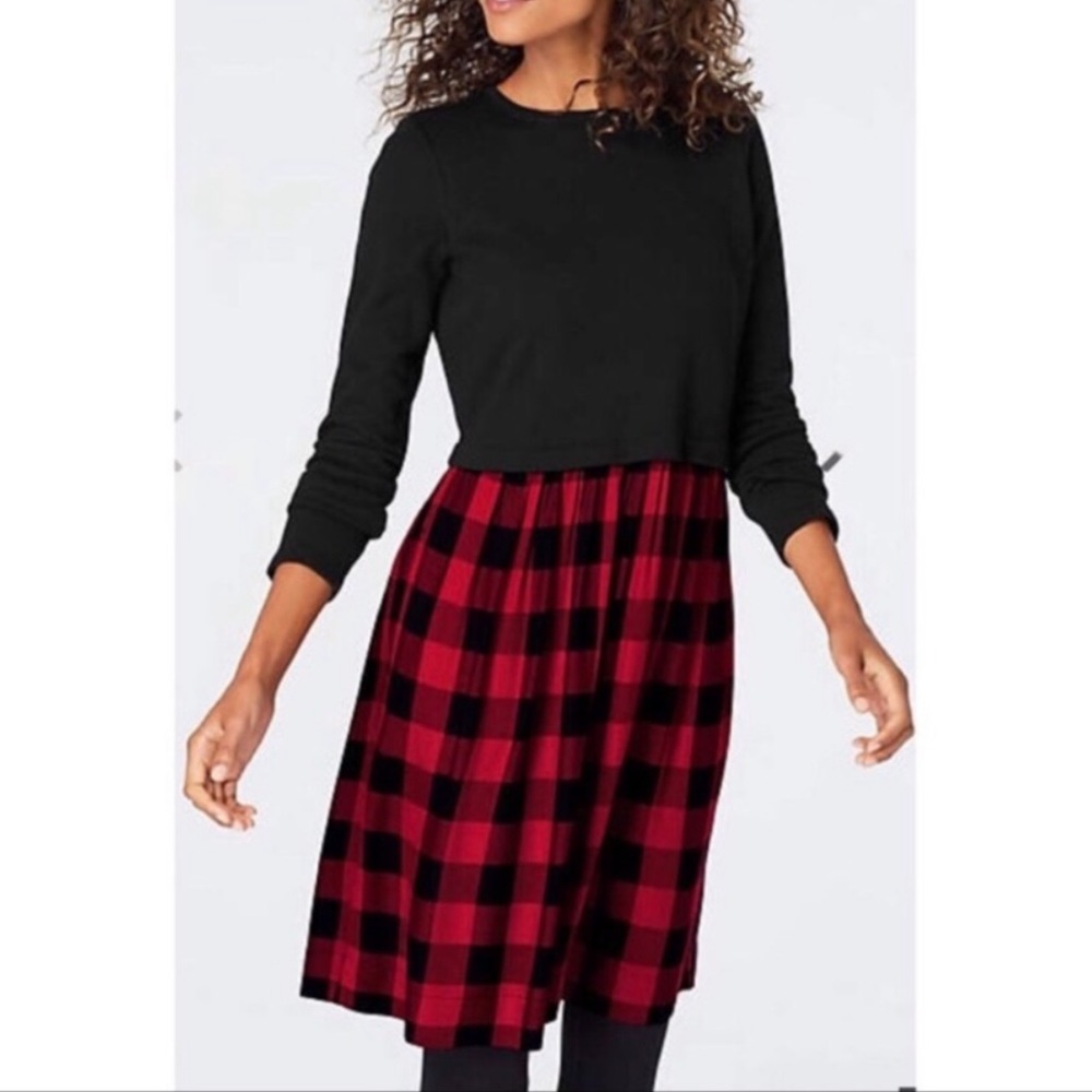 J. Jill Red/Black Mixed Media Buffalo Check Plaid Dress XL NWT